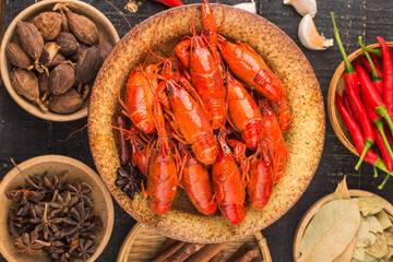 Sticker - Crayfish. Red boiled crawfishes on table in rustic style,  Lobster closeup.