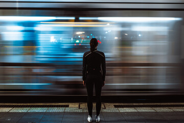 Caucasian lady waiting public transport light rail tram long exposure black blue