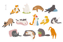Cute And Funny Cats Of Various Breeds. Hand Drawn Style Vector Design Illustrations. 