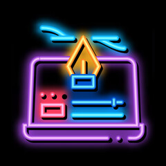 Sticker - computer maker movie settings neon light sign vector. Glowing bright icon computer maker movie settings sign. transparent symbol illustration