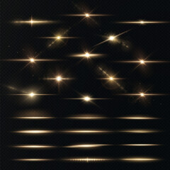 Leinwandbilder - Light rays of light horizontal golden color with glare and flashes isolated on a transparent background. Light star gold png. Light sun gold png. Light flash gold png. Powder png.