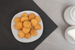Shortbread cookies on white dish top view. Homemade cookies. Bakery products. Top view. Baking for tea