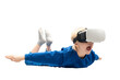 Frightened little boy in virtual reality glasses falls from height. White background. Video games concept