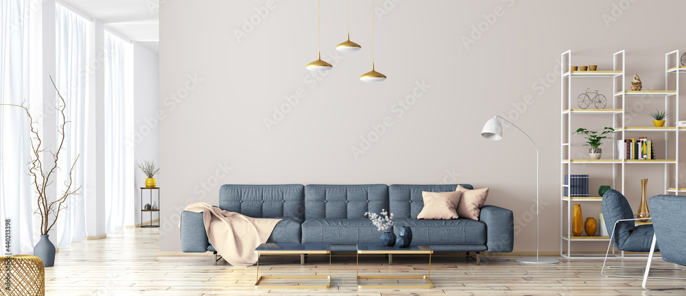 Modern interior design of apartment. Cozy living room with blue sofa, coffee tables, bookshelf and armchairs. Scandinavian home. 3d rendering - obrazy, fototapety, plakaty 