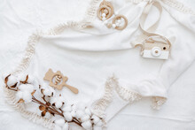 Still Life Background Of Cute Newborn Accessories On White Background