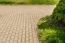 Footpath With Grass Texture Background, Paved Path Pattern