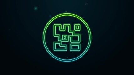 Poster - Glowing neon line QR code sample for smartphone scanning icon isolated on black background. 4K Video motion graphic animation