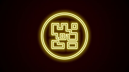 Poster - Glowing neon line QR code sample for smartphone scanning icon isolated on black background. 4K Video motion graphic animation