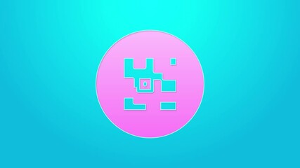 Poster - Pink line QR code sample for smartphone scanning icon isolated on blue background. 4K Video motion graphic animation