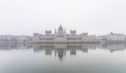 Poster - Hungarian Parliament with morning mist in Budapest. Hungary 