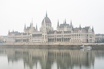 Poster - Hungarian Parliament with morning mist in Budapest. Hungary 