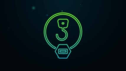 Sticker - Glowing neon line Industrial hook icon isolated on black background. Crane hook icon. 4K Video motion graphic animation