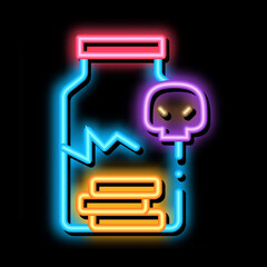 Sticker - cracked bottle of pills neon light sign vector. Glowing bright icon cracked bottle of pills sign. transparent symbol illustration