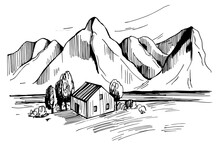 Landscape With House And Mountains. Sketch  Illustration.