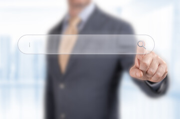 Poster - Man touch search button. Searching Browsing Internet Data Information Networking Concept, Business man clicking internet search page on touch screen, copy space