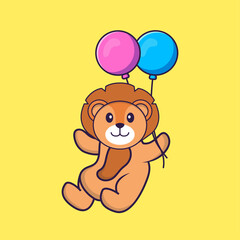 Cute lion flying with two balloons. Animal cartoon concept isolated. Can used for t-shirt, greeting card, invitation card or mascot. Flat Cartoon Style