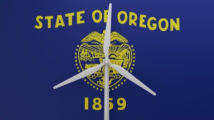 Large wind turbine in center with a background of the US state flag of Oregon (Front)