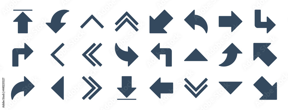 set of 24 arrow web icons in glyph style such as upward arrow, turn left, fast forward, down arrows, down right arrow, upward vector illustration. - obrazy, fototapety, plakaty 