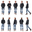 © sharplaninac - Set of stylish biker or rocker walking man in leather jacket and jeans. Side, front and back view. Full body people isolated on white background.