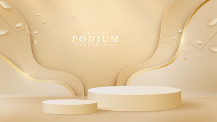 Wall Mural - Luxury abstract background, leaves overlapping on golden curve lines with cylinder shape podium for show product scene. cream color stage about sweet feeling. paper cut style. vector illustration.