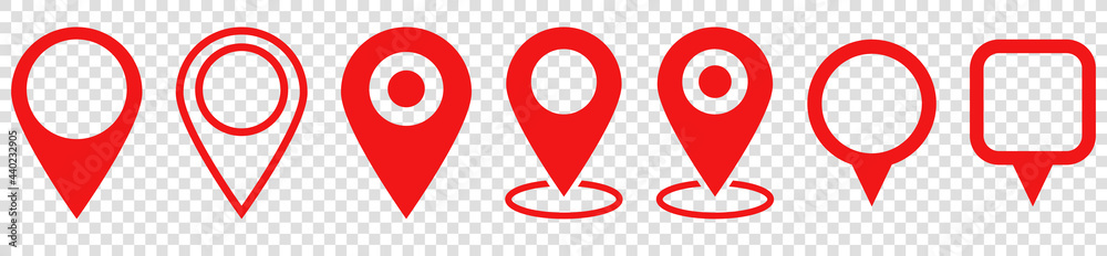 Set of red map pin icons. Modern map markers. location pin sign. Vector icon isolated on transparent background - obrazy, fototapety, plakaty 