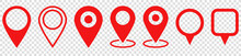 Set Of Red Map Pin Icons. Modern Map Markers. Location Pin Sign. Vector Icon Isolated On Transparent Background