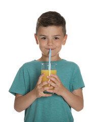 Sticker - Little boy drinking juice on white background