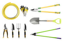Set With Different Gardening Tools On White Background