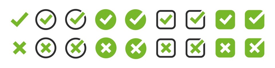 Poster - check mark vector icon. tick and x cross green box set. approval sign. ok yes choose buttons illustr