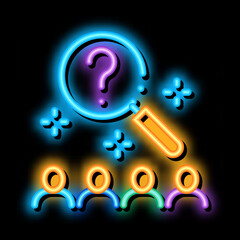 Poster - research audience question neon light sign vector. Glowing bright icon research audience question sign. transparent symbol illustration