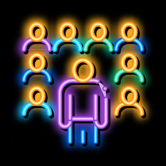 Poster - speaker standing before audience neon light sign vector. Glowing bright icon speaker standing before audience sign. transparent symbol illustration
