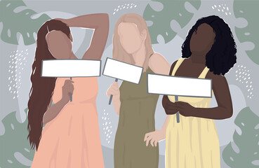 Wall Mural - women of different races are holding white blank banners for your text. flat modern illustration. for poster, postcard, magazine or book cover.