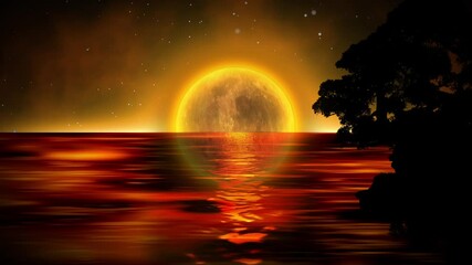 Wall Mural - Fantasy Beautiful ocean at night with Full moon background