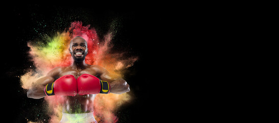 Wall Mural - The professional african boxer and human emotions concept. The win, winner, victory concepts. Forward.