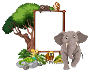Wall Mural - empty banner with wild animals and rainforest trees on white background