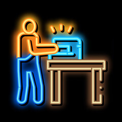 Poster - leatherworking sewing neon light sign vector. Glowing bright icon leatherworking sewing sign. transparent symbol illustration