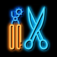 Poster - leather craft scissors and punch tool neon light sign vector. Glowing bright icon leather craft scissors and punch tool sign. transparent symbol illustration