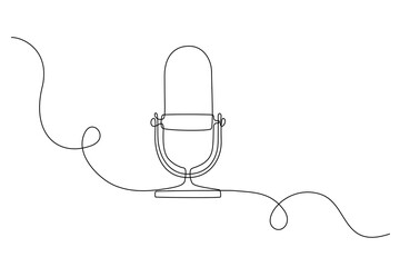 Aufkleber - Continuous one line drawing podcast microphone. Vintage old mike in simple thin linear style for web banner. Editable stroke. Horizontal Vector illustration