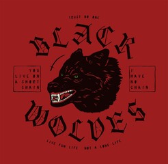 Black wolves free wild animal street style vintage gothic typography t-shirt print. angry wolf head vector illustration