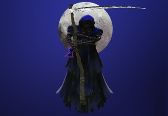 Grim reaper with a scythe and full moon on blue background. Silhouette of death. Halloween.