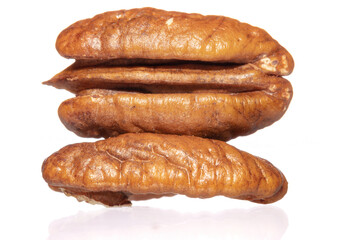 two pecan nuts in an extreme macro image, close up, focus stacked shot shot against a white background