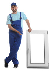 Poster - Worker with plastic window on white background. Installation service