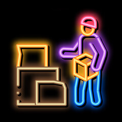 Sticker - homeless with cardboard boxes neon light sign vector. Glowing bright icon homeless with cardboard boxes sign. transparent symbol illustration