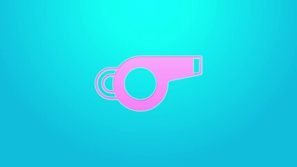 Sticker - Pink line Whistle icon isolated on blue background. Referee symbol. Fitness and sport sign. 4K Video motion graphic animation