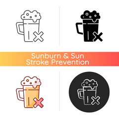 Sticker - Avoid alcohol icon. Diet restriction for alcoholic beverages. Stop drinking, alcoholism prevention. Addiction problem. Linear black and RGB color styles. Isolated vector illustrations