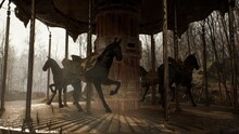 An Old Abandoned Merry-go-round Is Spinning In The Autumn Mystical White Forest. The Concept Of An Abandoned Park After The Apocalypse. 3D Rendering.
