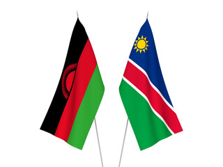 National fabric flags of Malawi and Republic of Namibia isolated on white background. 3d rendering illustration.