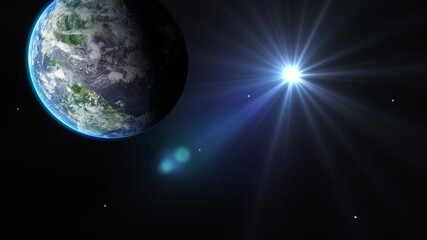 Wall Mural - sunrise and shadow on the earth rotate in space with star in universe. world realistic atmosphere 3d