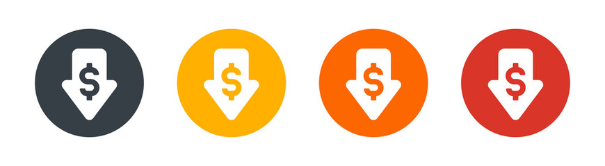 Poster - Arrow down with dollar symbol. Low profit, cheap, business failure or deflation icon sign. Economic concept