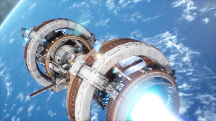 Canvas Print - space futuristic station flies over the planet earth. the image is for fantastic, the futuristic or 